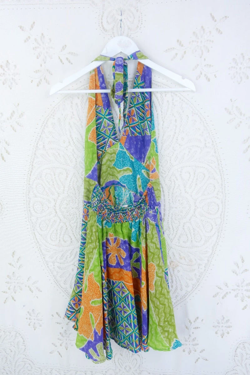 Sydney Mini Halter Dress - Safari Coral Floral - Vintage Sari - XS 3 Sydney Mini Halter Dress - Safari Coral Floral - Vintage Sari - XS - Image 3