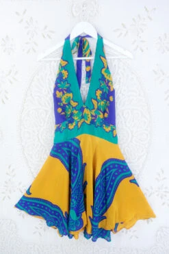 Sydney Mini Halter Dress - Caramel, Jade & Amethyst Paisley - Vintage Sari - S