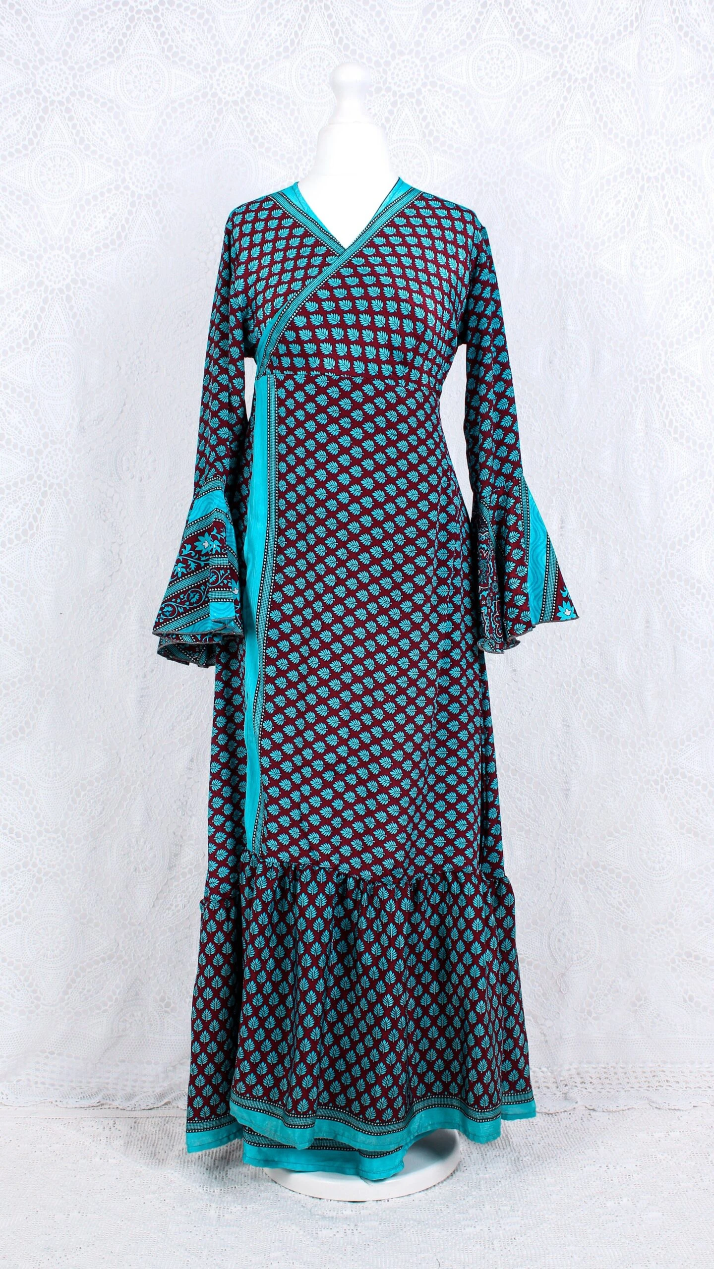 SALE Sylvia Wrap Dress - Vintage Indian Sari - Maroon & Baby Blue (S - L) 2 SALE Sylvia Wrap Dress - Vintage Indian Sari - Maroon & Baby Blue (S - L) - Image 2