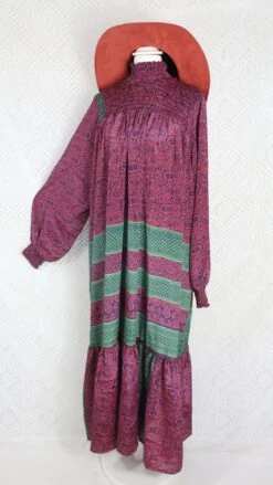Mona Maxi Dress - Vintage Indian Sari - Navy Pink & Green Paisley - Free Size