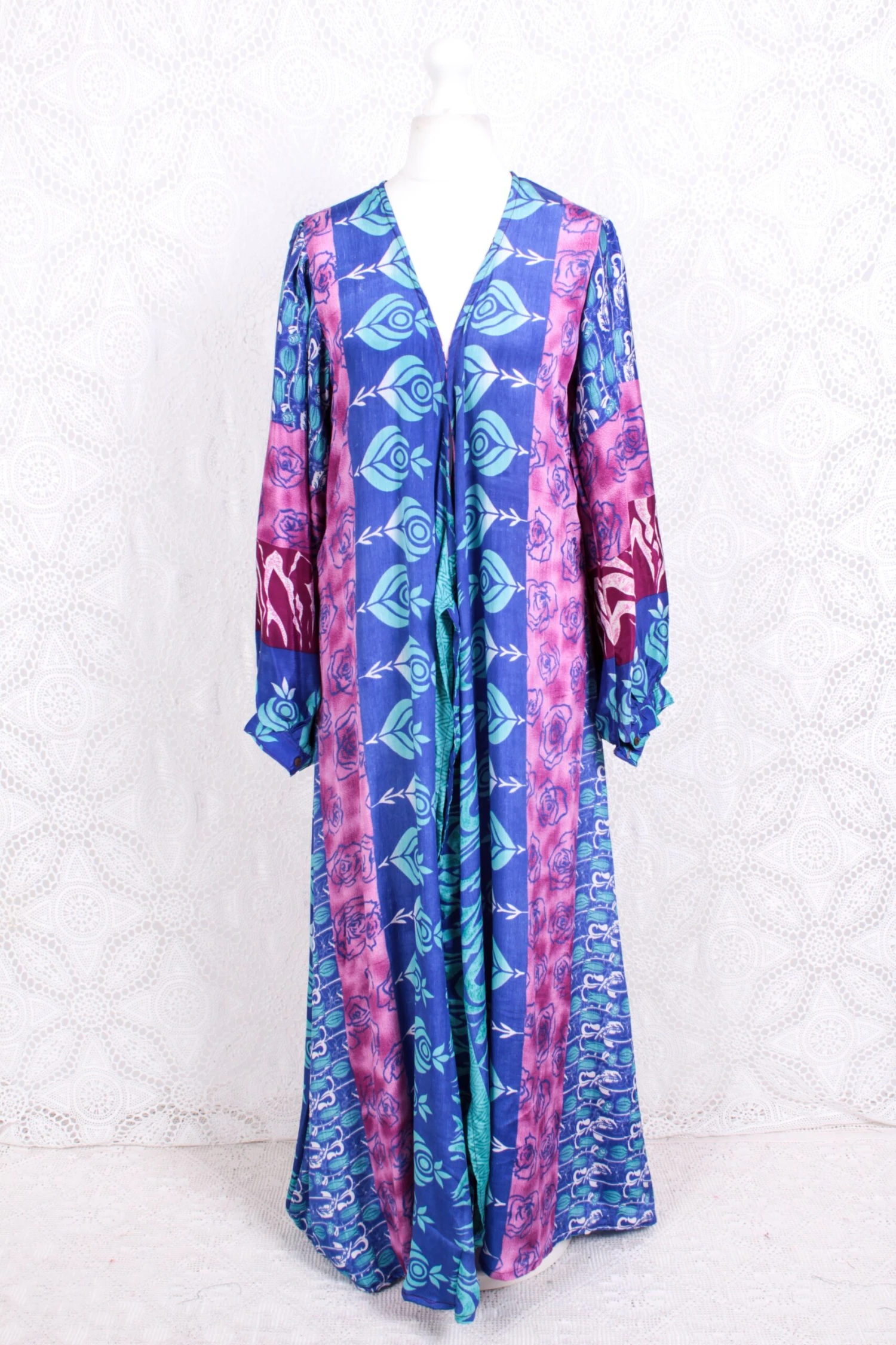 Lola Long Wrap Dress - Vintage Indian Sari - Cornflower, Sky & Magenta Rose Bud - XL 2 Lola Long Wrap Dress - Vintage Indian Sari - Cornflower, Sky & Magenta Rose Bud - XL - Image 2