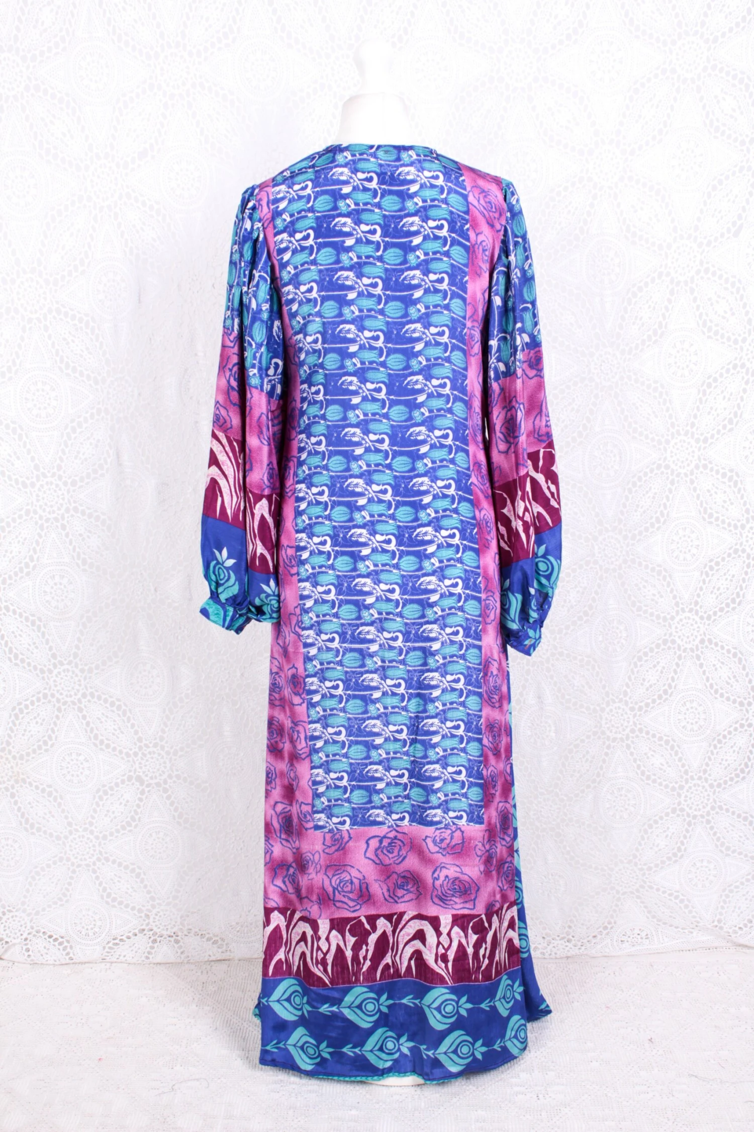 Lola Long Wrap Dress - Vintage Indian Sari - Cornflower, Sky & Magenta Rose Bud - XL 4 Lola Long Wrap Dress - Vintage Indian Sari - Cornflower, Sky & Magenta Rose Bud - XL - Image 4