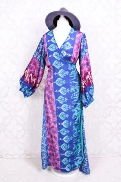 Lola Long Wrap Dress - Vintage Indian Sari - Cornflower, Sky & Magenta Rose Bud - XL