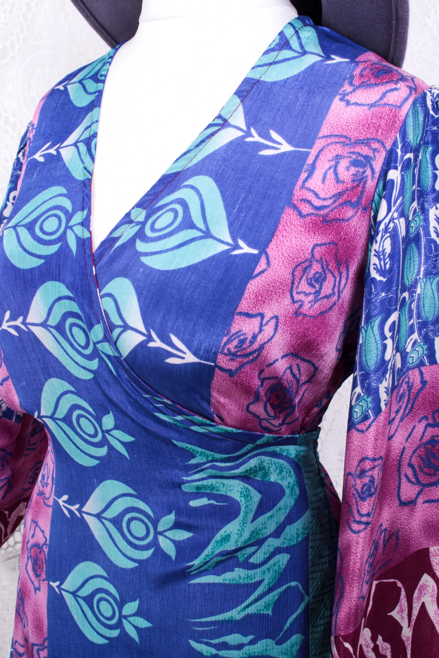 Lola Long Wrap Dress - Vintage Indian Sari - Cornflower, Sky & Magenta Rose Bud - XL 3 Lola Long Wrap Dress - Vintage Indian Sari - Cornflower, Sky & Magenta Rose Bud - XL - Image 3