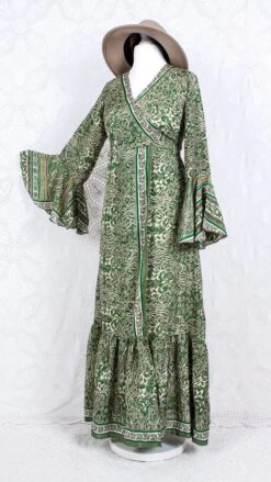 SALE Sylvia Wrap Dress - Vintage Indian Sari - Olive Basil & Ivory Floral (XS - S)