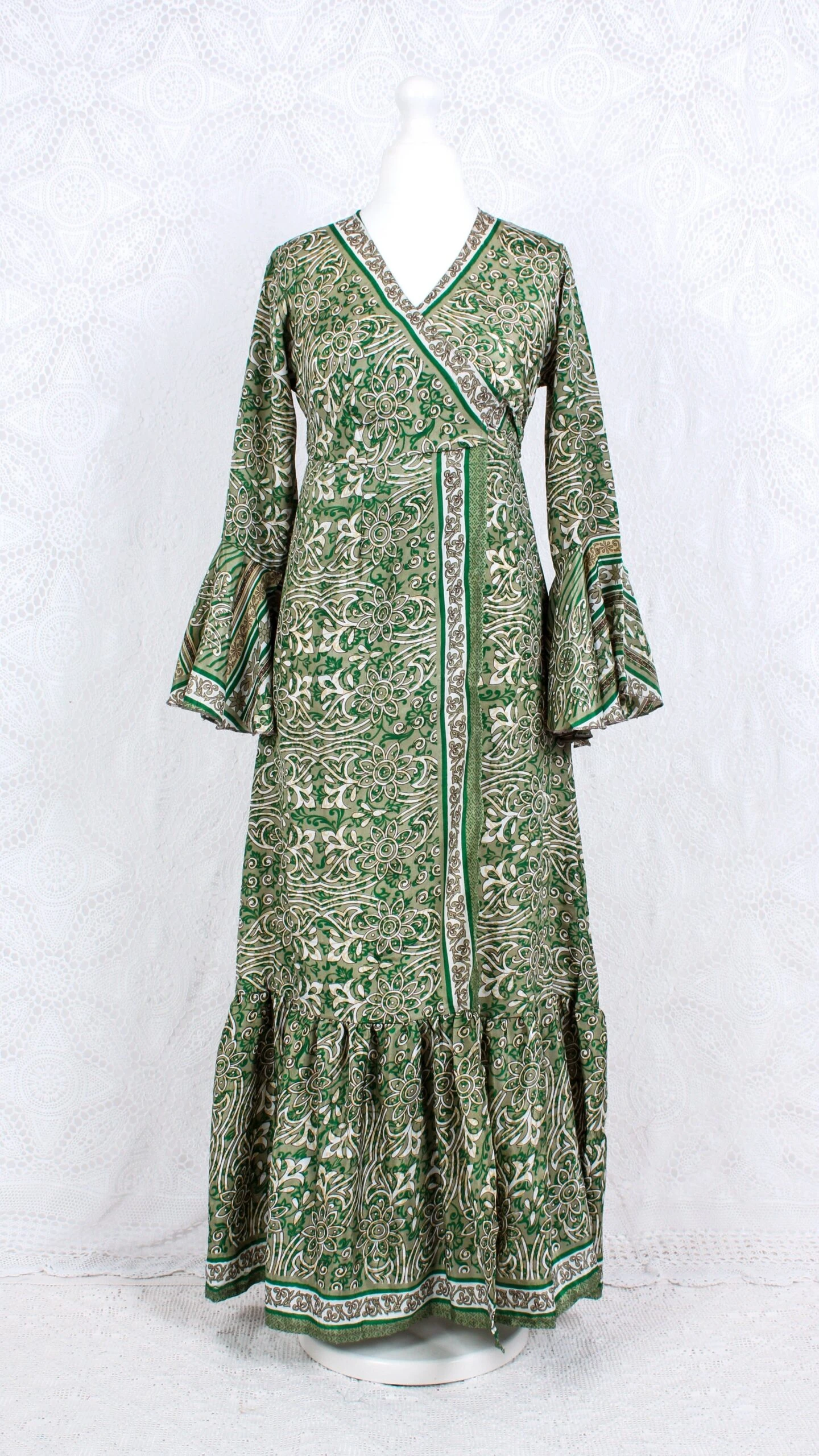 SALE Sylvia Wrap Dress - Vintage Indian Sari - Olive Basil & Ivory Floral (XS - S) 2 SALE Sylvia Wrap Dress - Vintage Indian Sari - Olive Basil & Ivory Floral (XS - S) - Image 2
