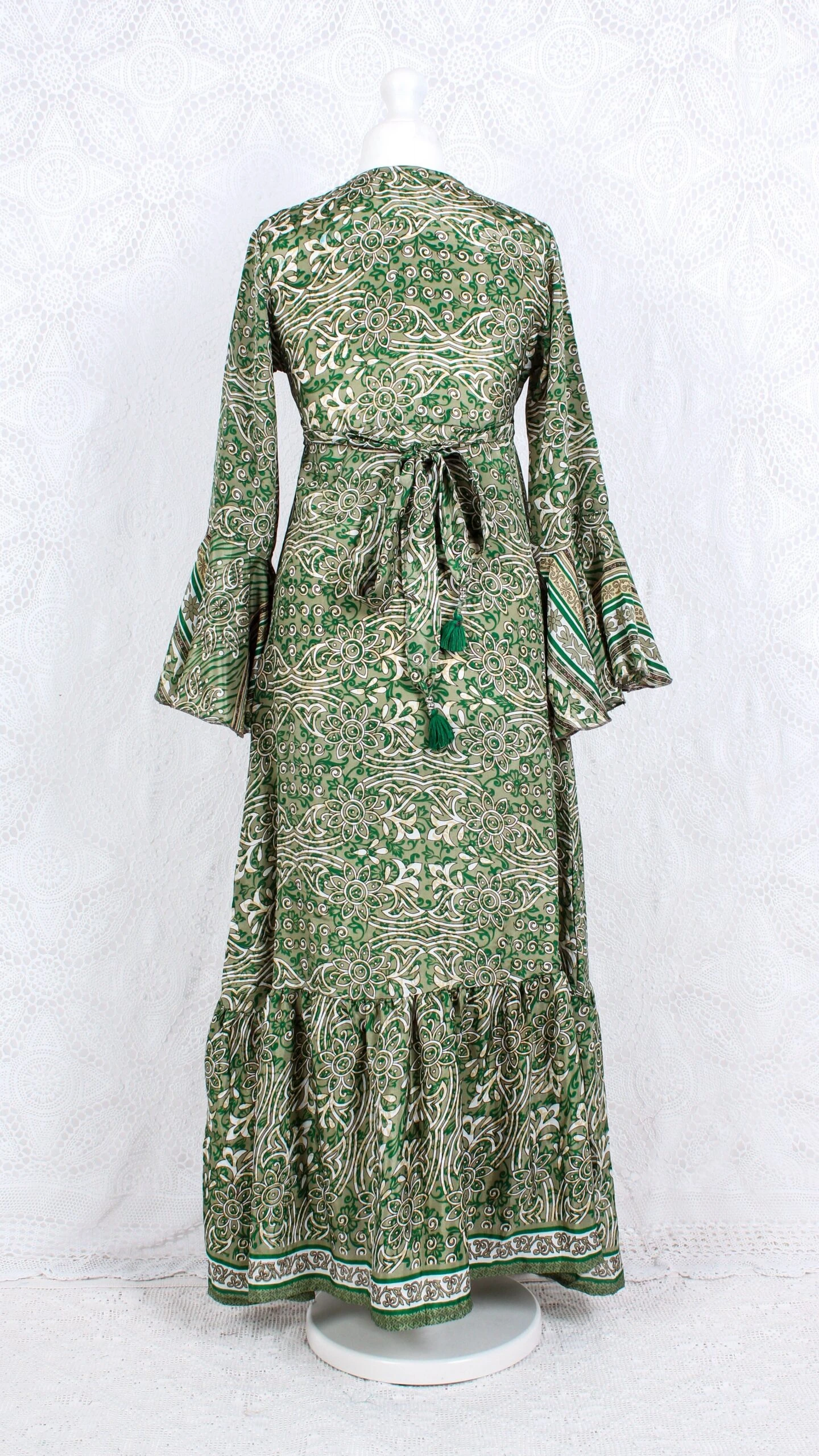 SALE Sylvia Wrap Dress - Vintage Indian Sari - Olive Basil & Ivory Floral (XS - S) 3 SALE Sylvia Wrap Dress - Vintage Indian Sari - Olive Basil & Ivory Floral (XS - S) - Image 3