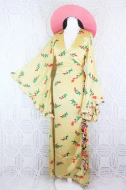 Venus Maxi Wrap Dress - Champagne With Festive Red Floral Vintage Sari - XXS -XS