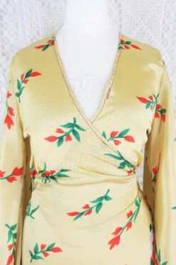 Venus Maxi Wrap Dress - Champagne With Festive Red Floral Vintage Sari - XXS -XS -KIKIS Clothing Shop IMG 5536