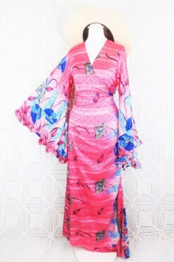 Venus Maxi Wrap Dress - Blossom Pink Floral Shimmer Vintage Sari - S - M/L
