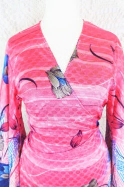 Venus Maxi Wrap Dress - Blossom Pink Floral Shimmer Vintage Sari - S - M/L -KIKIS Clothing Shop IMG 5558 510c9be4 613f 4cd6 8e06 1a615a753430