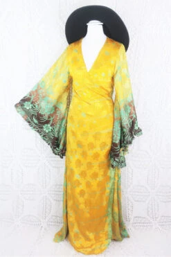 Venus Maxi Wrap Dress - Solar Yellow & Sky Shimmering Paisley Vintage Sari - XXS - S