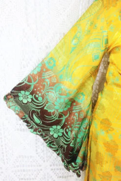 Venus Maxi Wrap Dress - Solar Yellow & Sky Shimmering Paisley Vintage Sari - XXS - S -KIKIS Clothing Shop IMG 5599