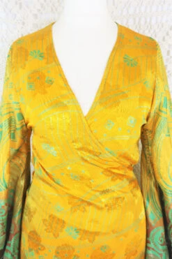 Venus Maxi Wrap Dress - Solar Yellow & Sky Shimmering Paisley Vintage Sari - XXS - S -KIKIS Clothing Shop IMG 5600