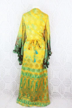 Venus Maxi Wrap Dress - Solar Yellow & Sky Shimmering Paisley Vintage Sari - XXS - S -KIKIS Clothing Shop IMG 5602