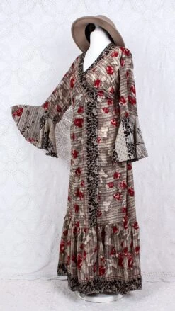 SALE Sylvia Wrap Dress - Vintage Indian Sari - Cream, Hickory & Ruby Floral (S To M/L)