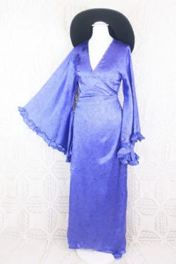 Venus Maxi Wrap Dress - Deep Purple & Blue Iridescent Floral Vintage Sari - XS - S/M