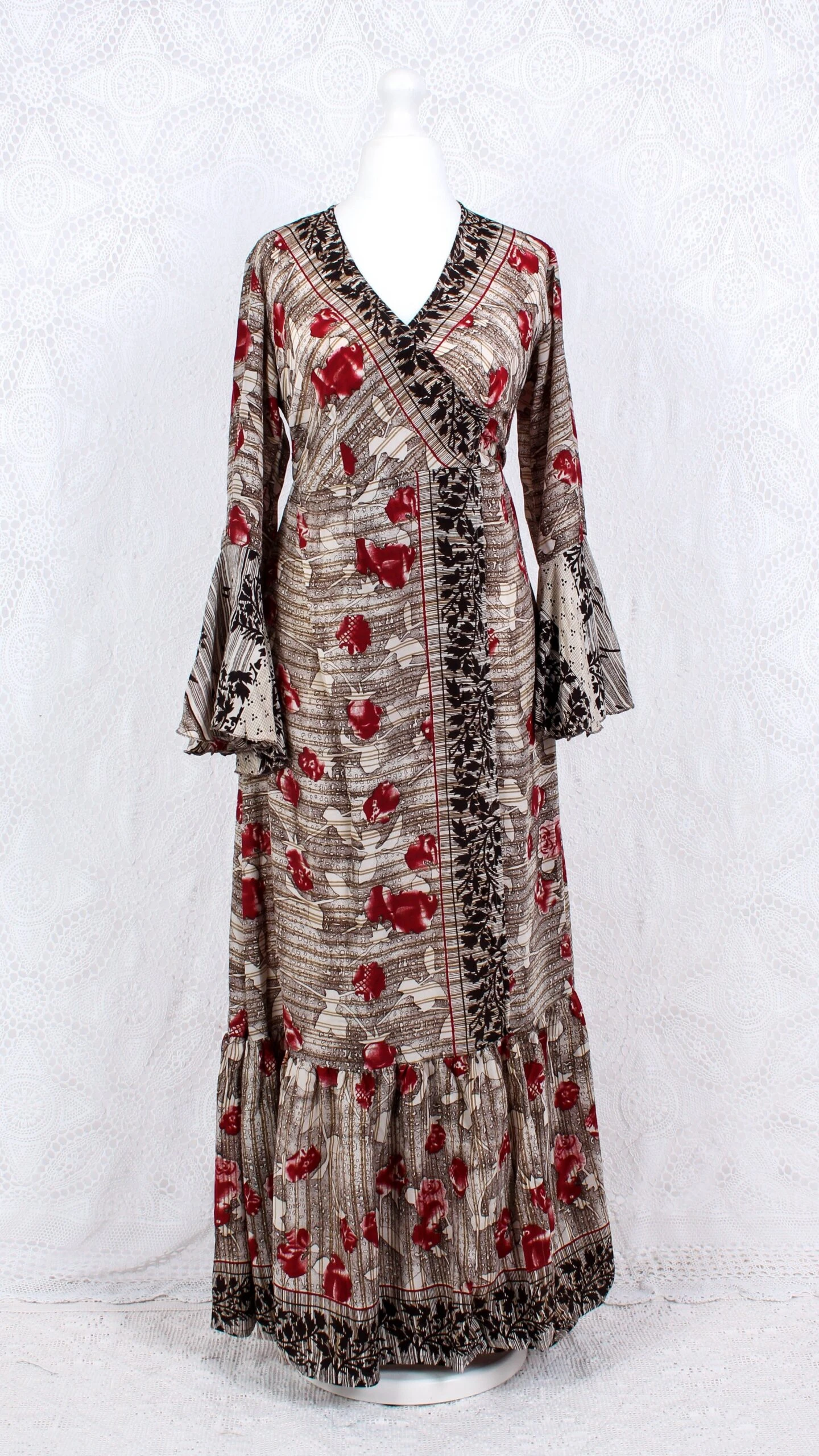 SALE Sylvia Wrap Dress - Vintage Indian Sari - Cream, Hickory & Ruby Floral (S To M/L) 2 SALE Sylvia Wrap Dress - Vintage Indian Sari - Cream, Hickory & Ruby Floral (S To M/L) - Image 2