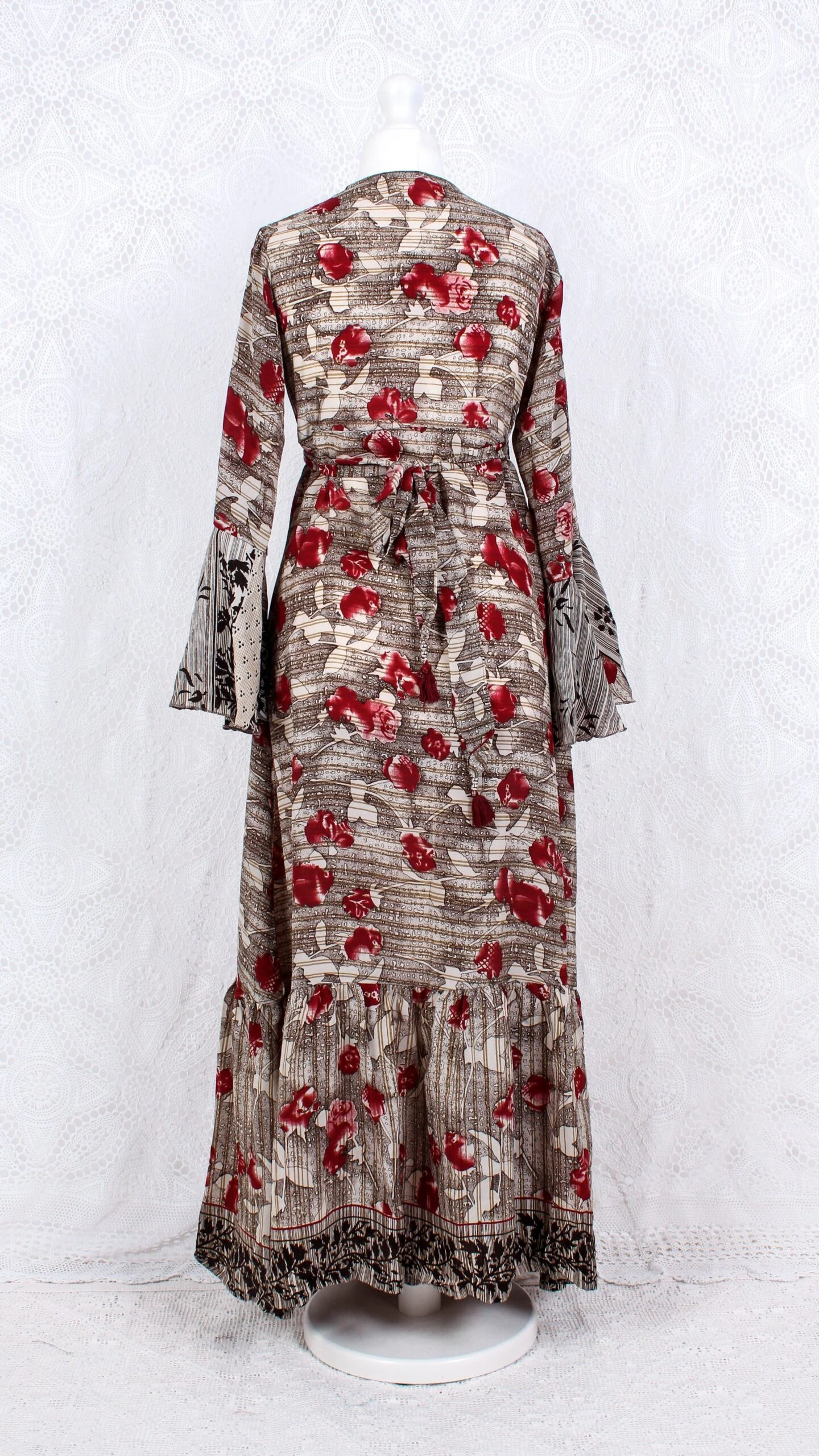 SALE Sylvia Wrap Dress - Vintage Indian Sari - Cream, Hickory & Ruby Floral (S To M/L) 3 SALE Sylvia Wrap Dress - Vintage Indian Sari - Cream, Hickory & Ruby Floral (S To M/L) - Image 3