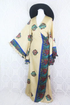 Venus Maxi Wrap Dress - Sand, Ruby & Sapphire Paisley Peacock Vintage Sari - XS - S/M