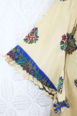 Venus Maxi Wrap Dress - Sand, Ruby & Sapphire Paisley Peacock Vintage Sari - XS - S/M -KIKIS Clothing Shop IMG 5629 8b90a415 788e 4140 b9cc 009720b0cf92