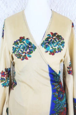 Venus Maxi Wrap Dress - Sand, Ruby & Sapphire Paisley Peacock Vintage Sari - XS - S/M -KIKIS Clothing Shop IMG 5630 df796fd3 098a 4c81 9b8b 16c8eb23f311