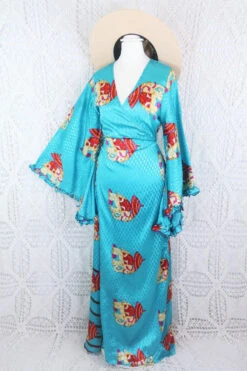 Venus Maxi Wrap Dress - Electric Blue Illustrated Shimmer Vintage Sari - XXS - S