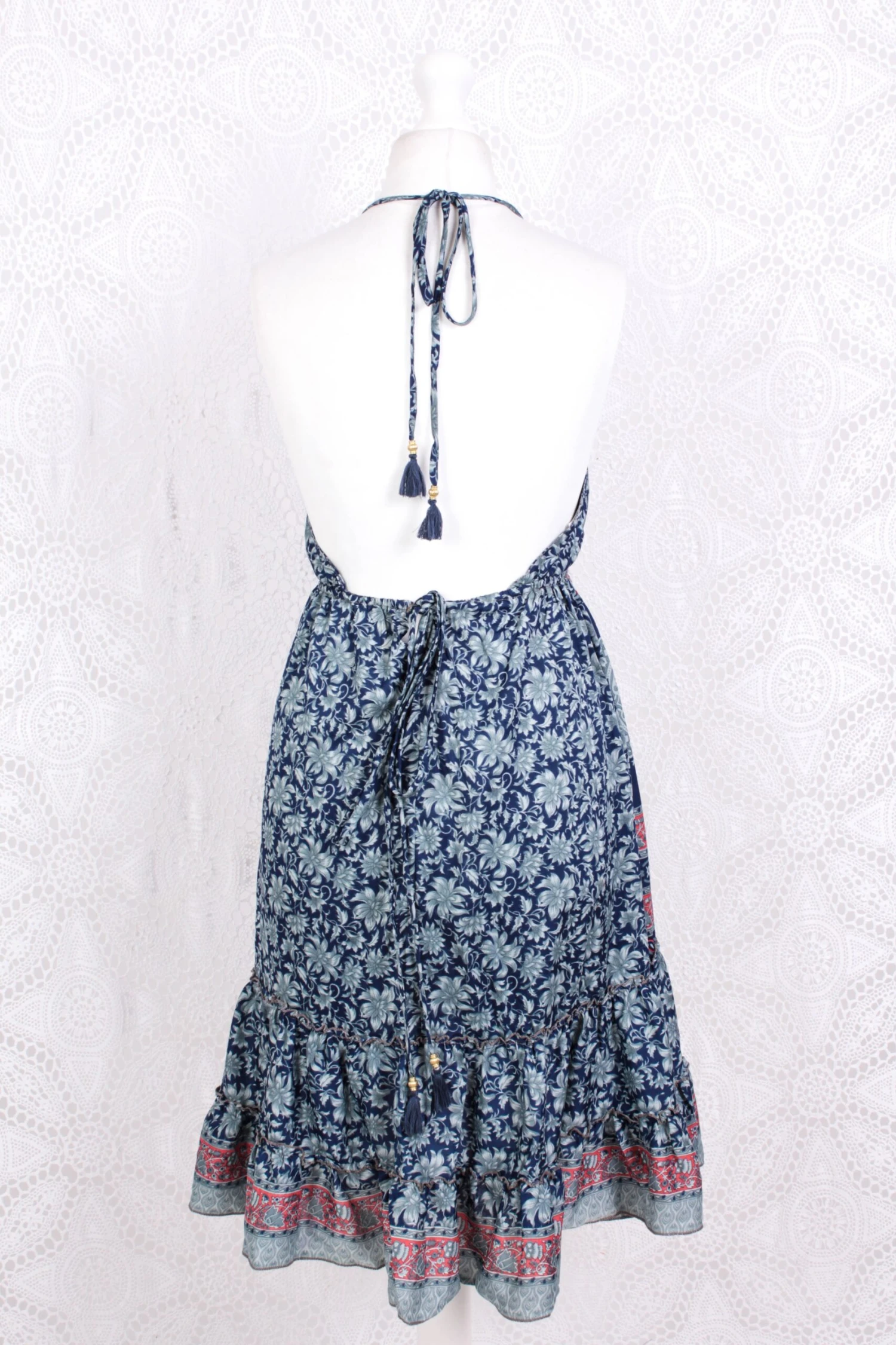 Cherry Mini Halter Dress - Indian Sari - Navy, Salmon & Fossil Floral 4 Cherry Mini Halter Dress - Indian Sari - Navy, Salmon & Fossil Floral - Image 4