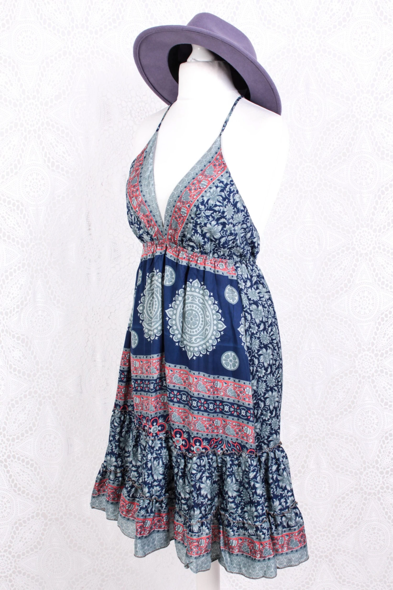 Cherry Mini Halter Dress - Indian Sari - Navy, Salmon & Fossil Floral 1 Cherry Mini Halter Dress - Indian Sari - Navy, Salmon & Fossil Floral