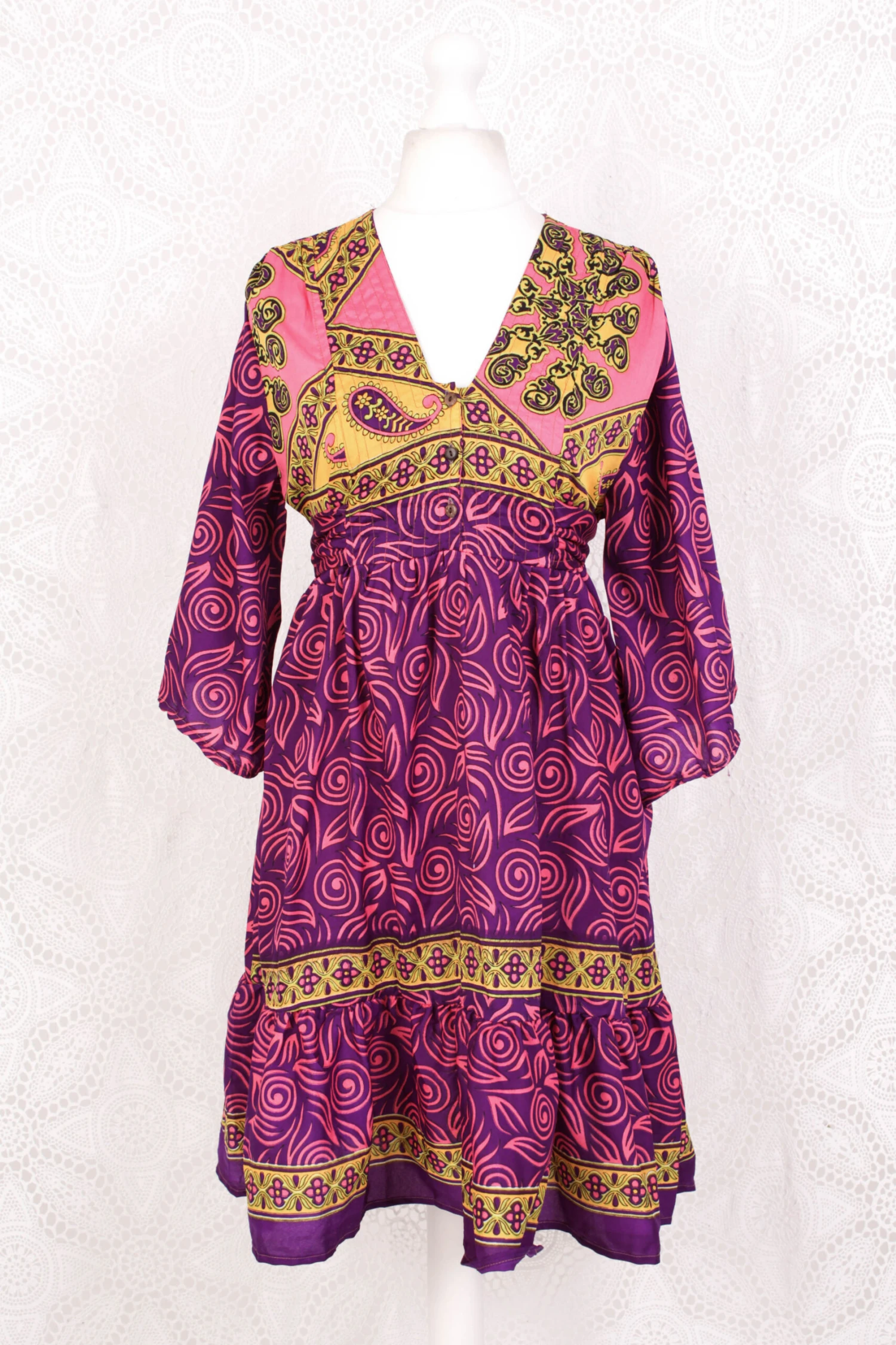 Lunar Mini Dress - Vintage Indian Sari - Flamingo & Violet Spiral - Free Size M/L 2 Lunar Mini Dress - Vintage Indian Sari - Flamingo & Violet Spiral - Free Size M/L - Image 2