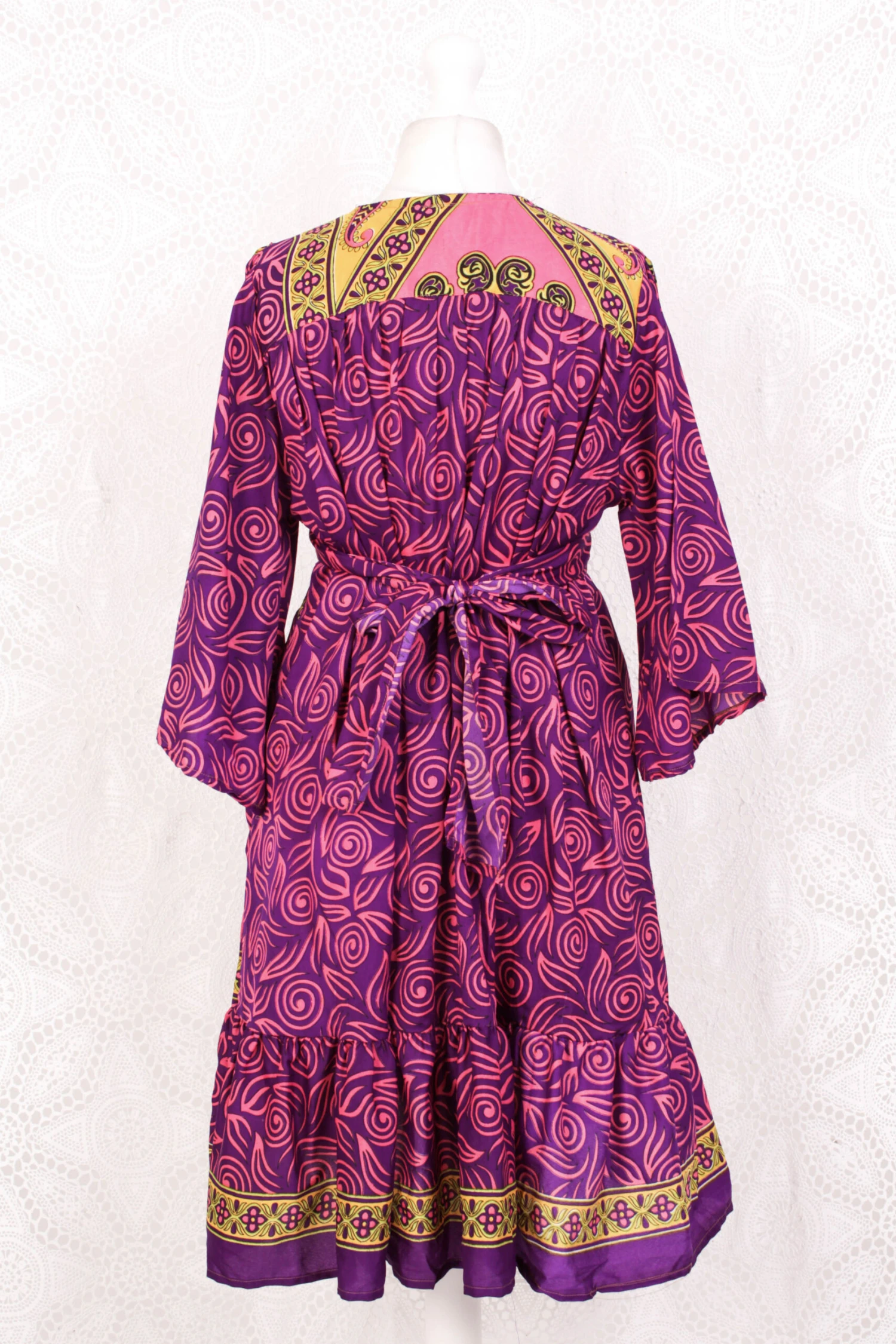 Lunar Mini Dress - Vintage Indian Sari - Flamingo & Violet Spiral - Free Size M/L 4 Lunar Mini Dress - Vintage Indian Sari - Flamingo & Violet Spiral - Free Size M/L - Image 4