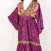 Lunar Mini Dress - Vintage Indian Sari - Flamingo & Violet Spiral - Free Size M/L