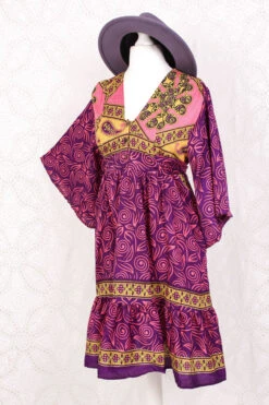 Lunar Mini Dress - Vintage Indian Sari - Flamingo & Violet Spiral - Free Size M/L