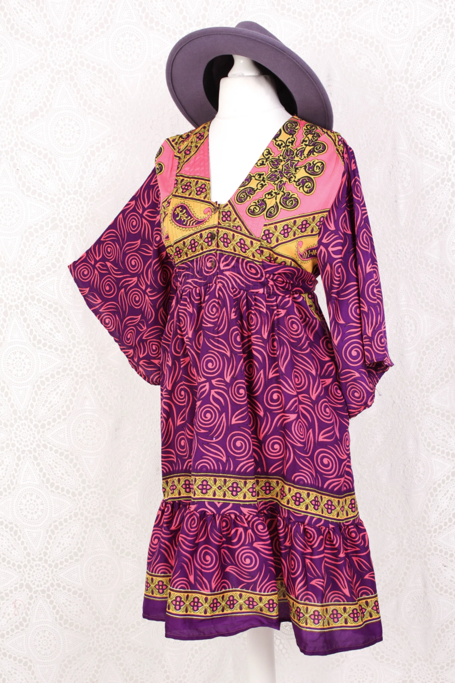 Lunar Mini Dress - Vintage Indian Sari - Flamingo & Violet Spiral - Free Size M/L 1 Lunar Mini Dress - Vintage Indian Sari - Flamingo & Violet Spiral - Free Size M/L