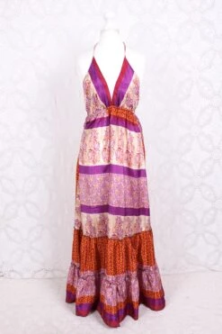 Cherry Halter-Neck Maxi Dress - Plum Purple & Ginger Striped Floral - Free Size S/M -KIKIS Clothing Shop IMG 5751 e06a6521 ca8a 48fd 88ce 42c3fd5cc352