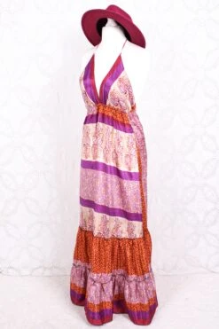 Cherry Halter-Neck Maxi Dress - Plum Purple & Ginger Striped Floral - Free Size S/M