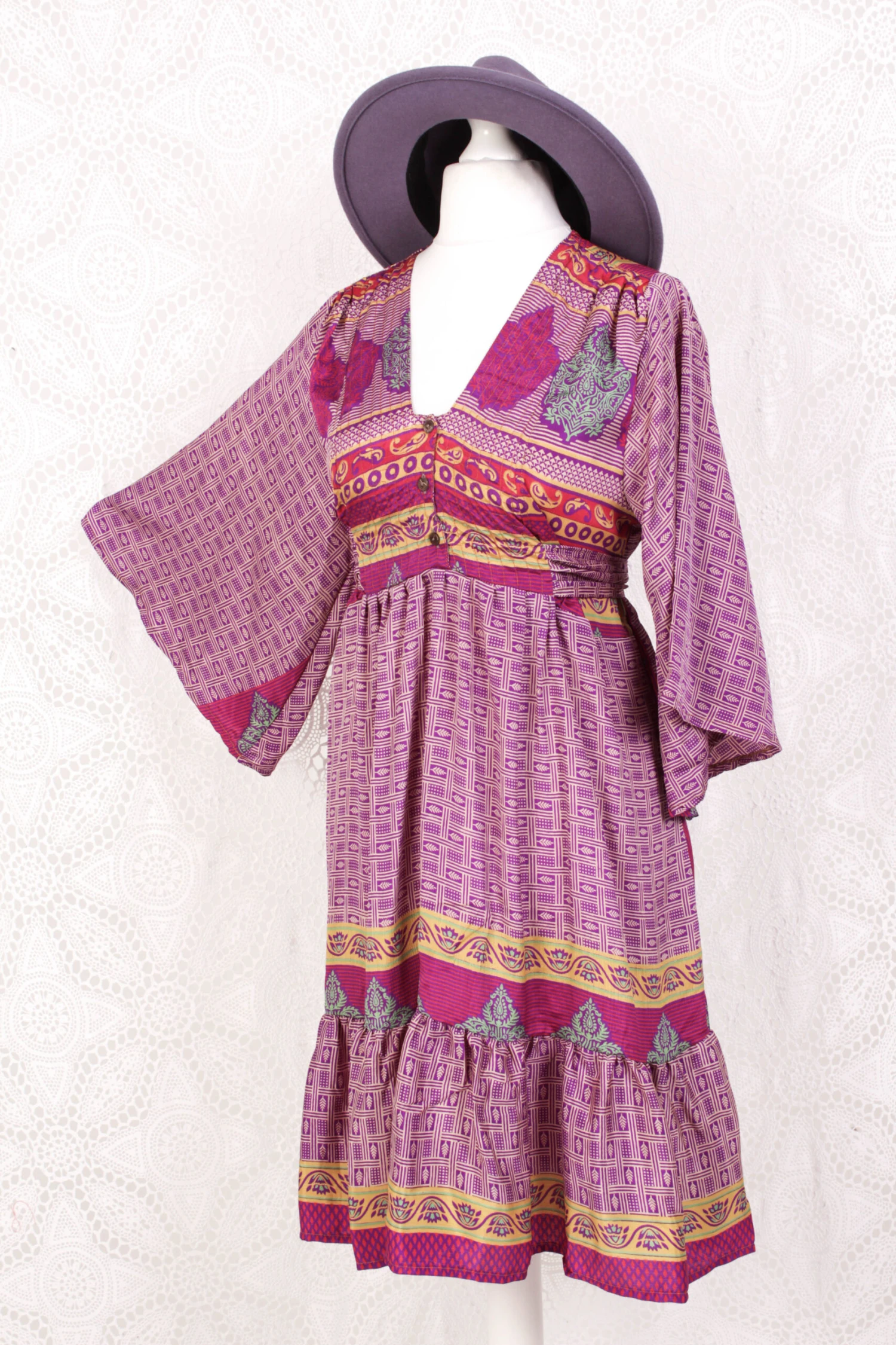 Lunar Mini Dress - Vintage Indian Sari - Deep Purple & Ivory Tile Print - Free Size M/L 1 Lunar Mini Dress - Vintage Indian Sari - Deep Purple & Ivory Tile Print - Free Size M/L