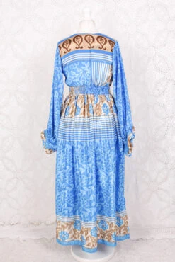 Rosemary Maxi Dress - Vintage Indian Sari - Summer Ocean & Beige Floral - S/M -KIKIS Clothing Shop IMG 5903 c534f733 e11d 4c57 9fc6 893506f99133