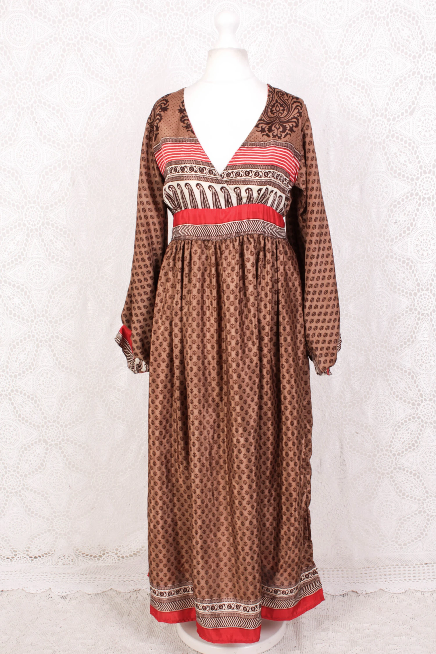 Rosemary Maxi Dress - Vintage Indian Sari - Hazelnut & Red Floral Paisley - S/M 2 Rosemary Maxi Dress - Vintage Indian Sari - Hazelnut & Red Floral Paisley - S/M - Image 2