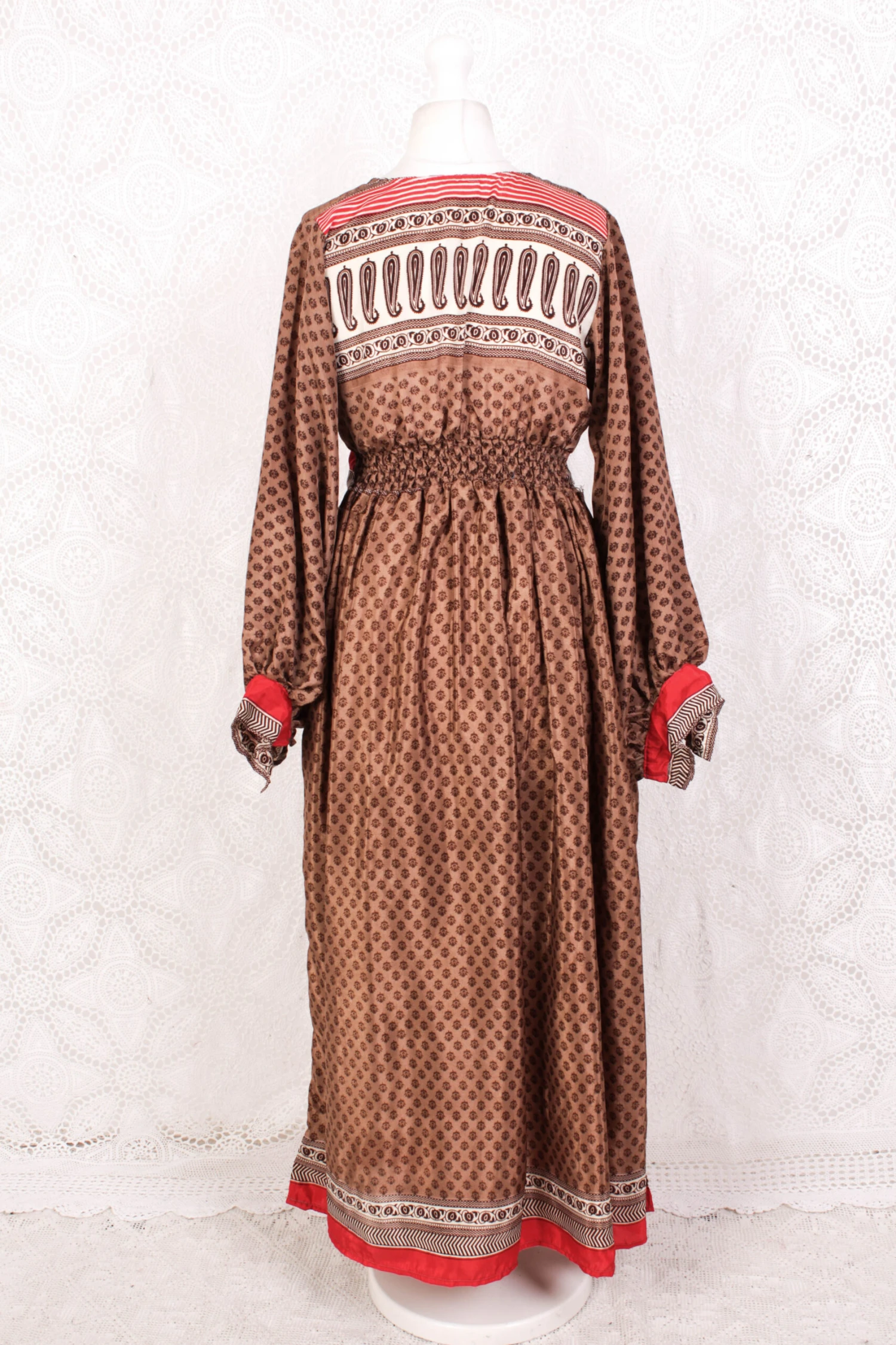Rosemary Maxi Dress - Vintage Indian Sari - Hazelnut & Red Floral Paisley - S/M 4 Rosemary Maxi Dress - Vintage Indian Sari - Hazelnut & Red Floral Paisley - S/M - Image 4