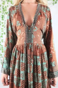 Gaia Kaftan Dress - Vintage Indian Sari - Aqua & Burnt Orange - S/M -KIKIS Clothing Shop IMG 5922b 6750f421 4b3b 4317 8786 6b542b3e0c91
