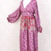Rosemary Maxi Dress - Vintage Indian Sari - Mink, Bright Pink & Purple Floral - S/M