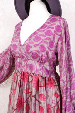 Rosemary Maxi Dress - Vintage Indian Sari - Mink, Bright Pink & Purple Floral - S/M -KIKIS Clothing Shop IMG 5960 12c9aec5 d010 422b 8a3b dcf39ea37106