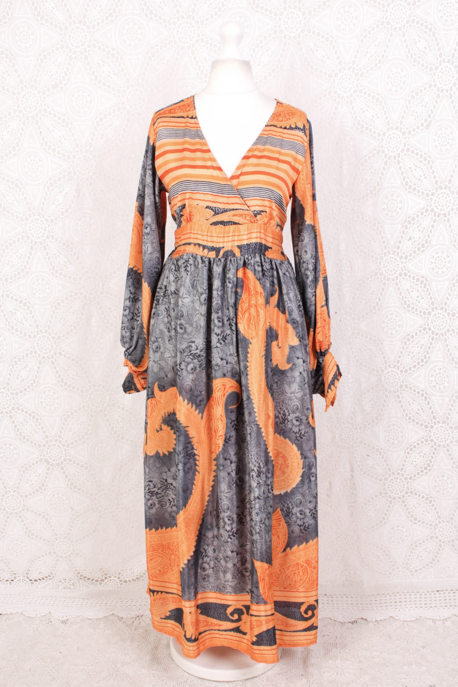 Rosemary Maxi Dress - Vintage Indian Sari - Dark Silver & Orange Florals - S/M 2 Rosemary Maxi Dress - Vintage Indian Sari - Dark Silver & Orange Florals - S/M - Image 2