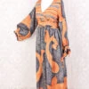 Rosemary Maxi Dress - Vintage Indian Sari - Dark Silver & Orange Florals - S/M