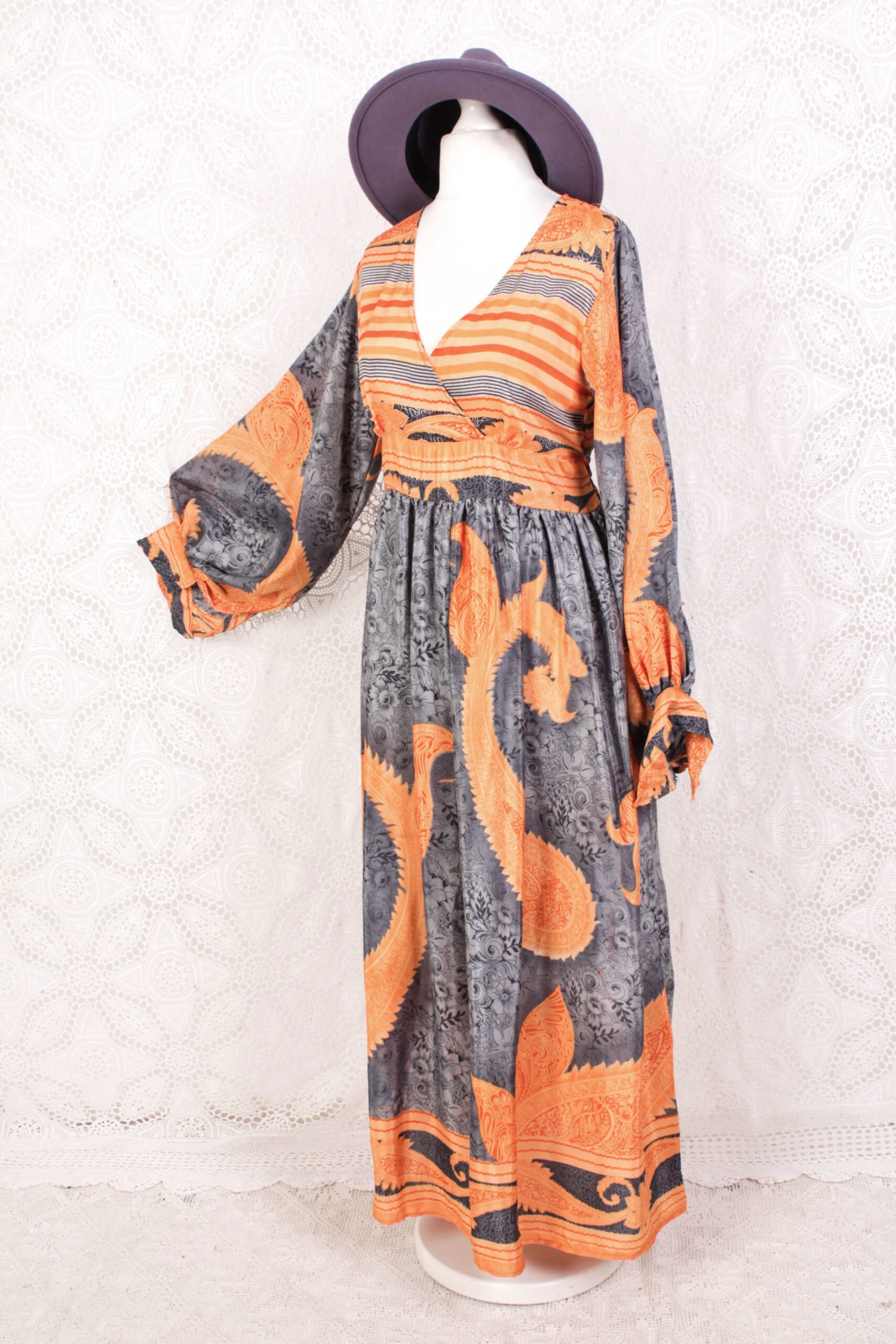 Rosemary Maxi Dress - Vintage Indian Sari - Dark Silver & Orange Florals - S/M 1 Rosemary Maxi Dress - Vintage Indian Sari - Dark Silver & Orange Florals - S/M