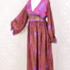 Rosemary Maxi Dress - Vintage Indian Sari - Bronze, Pink & Purple - S/M