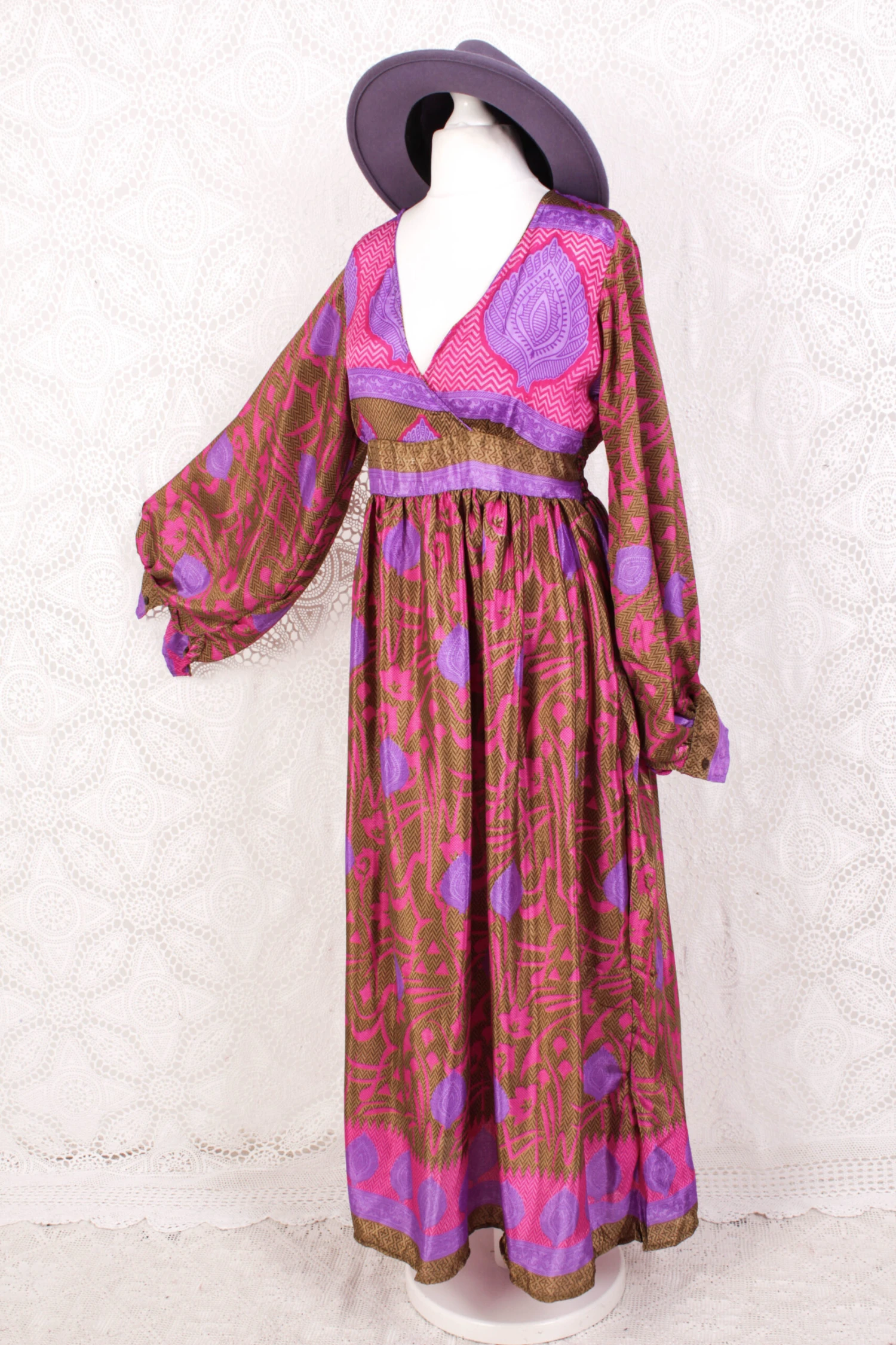 Rosemary Maxi Dress - Vintage Indian Sari - Bronze, Pink & Purple - S/M 1 Rosemary Maxi Dress - Vintage Indian Sari - Bronze, Pink & Purple - S/M