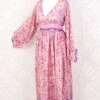 Rosemary Maxi Dress - Vintage Indian Sari - Shea Butter & Pink Floral - S/M