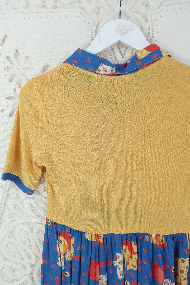 Vintage Sun Yellow & Blue Apple Floral Print Midi Dress - Size S/M 4 Vintage Sun Yellow & Blue Apple Floral Print Midi Dress - Size S/M - Image 4